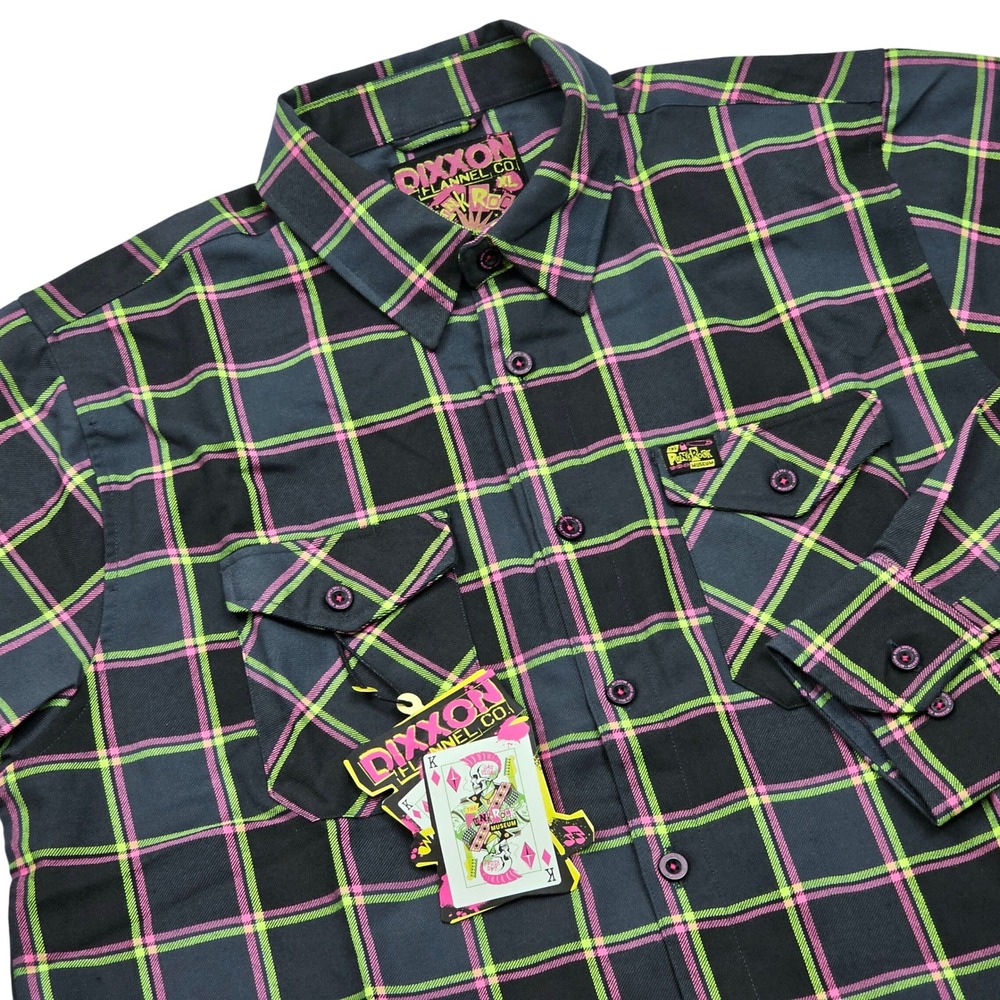 NEW Dixxon Flannel Punk Rock Museum Shirt Mens XL Black Pink Green Plaid Punk